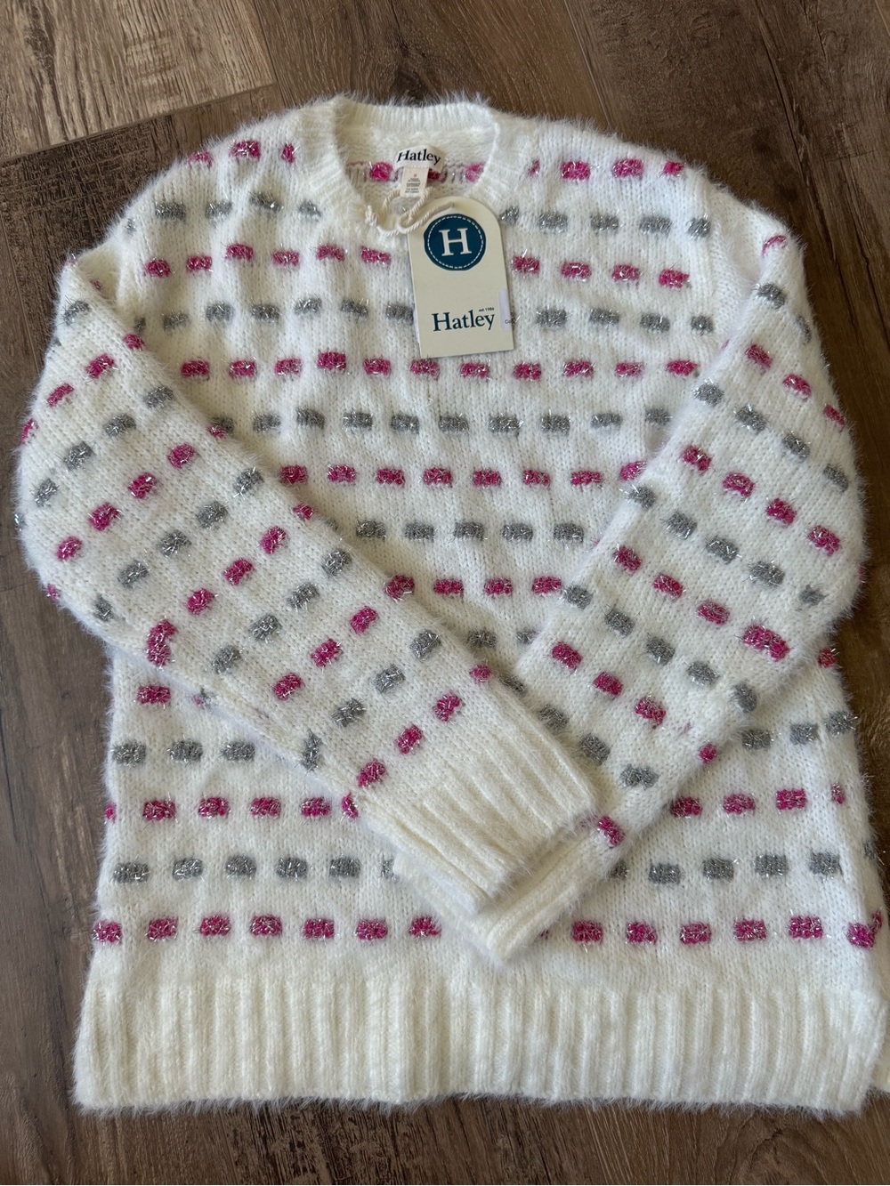 Hatley Cream Fuzzy Crewneck Sweater with Pink and Gray Dots